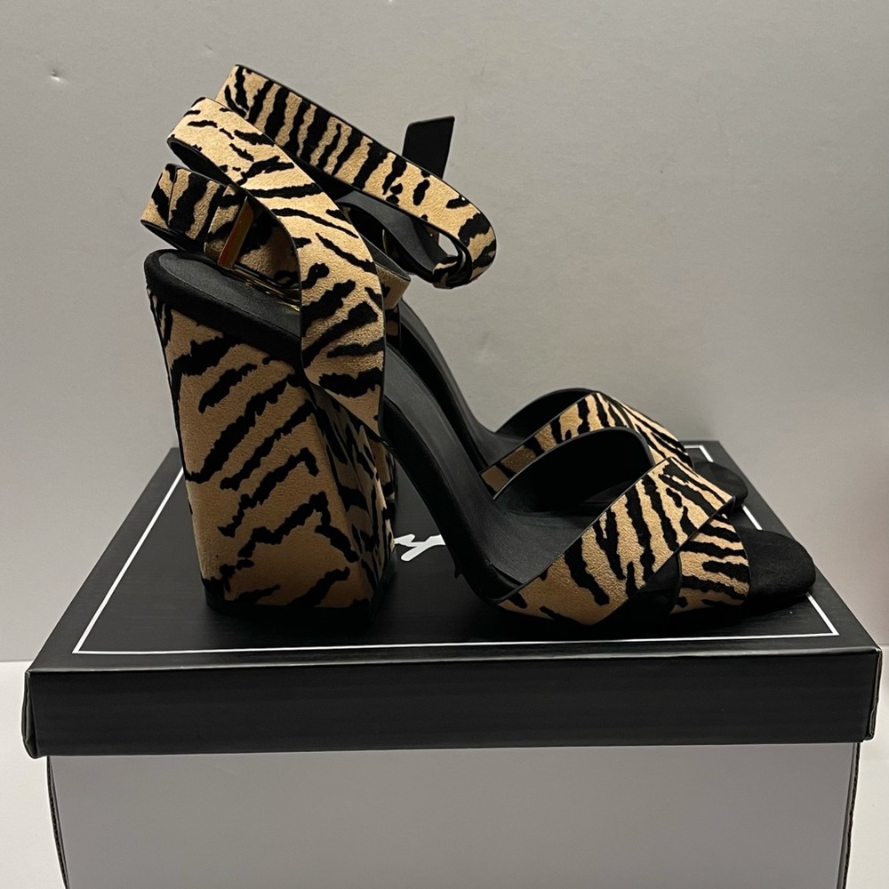 Qupid Tiger Print Chunky Heel Suede Sandals